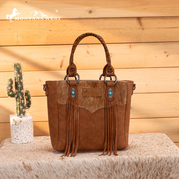 Load image into Gallery viewer, MW1358G-8120BR - Montana West Hair-On Hide Concealed Carry Tote Bag with Tooled Strap
