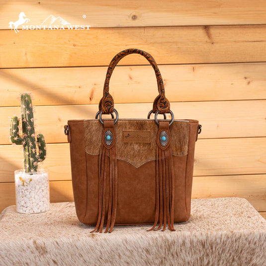 MW1358G-8120BR - Montana West Hair-On Hide Concealed Carry Tote Bag with Tooled Strap