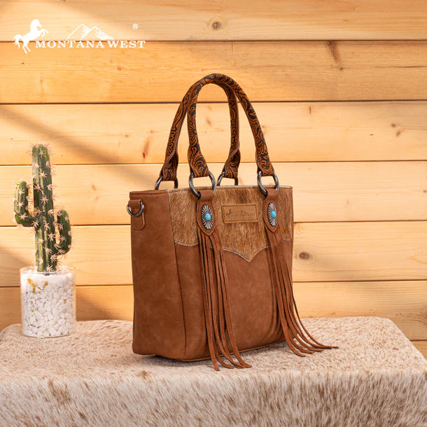 Load image into Gallery viewer, MW1358G-8120BR - Montana West Hair-On Hide Concealed Carry Tote Bag with Tooled Strap
