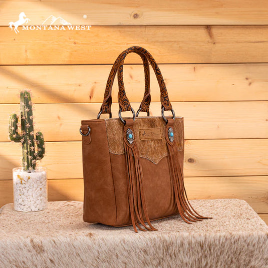 MW1358G-8120BR - Montana West Hair-On Hide Concealed Carry Tote Bag with Tooled Strap