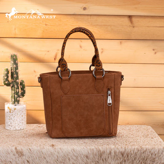 MW1358G-8120BR - Montana West Hair-On Hide Concealed Carry Tote Bag with Tooled Strap