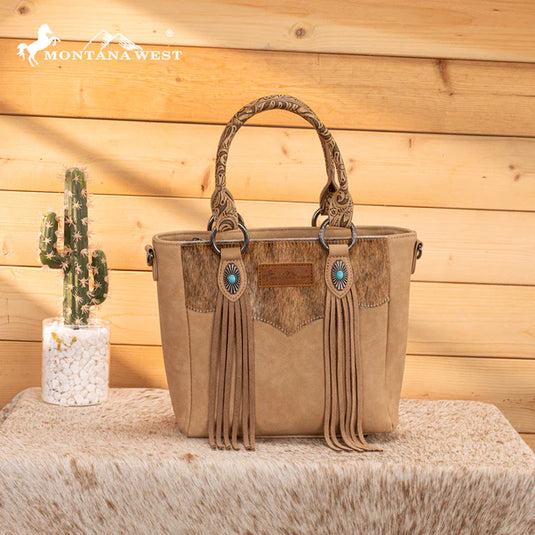 MW1358G-8120BG - Montana West Hair-On Hide Concealed Carry Tote Bag with Tooled Strap