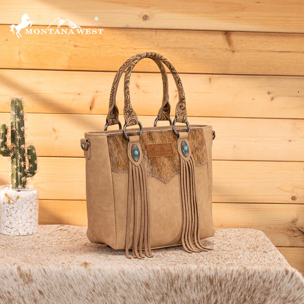 Load image into Gallery viewer, MW1358G-8120BG - Montana West Hair-On Hide Concealed Carry Tote Bag with Tooled Strap
