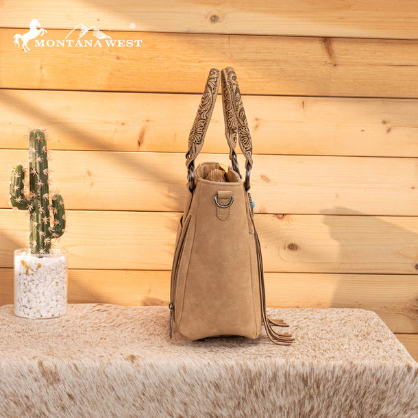 Load image into Gallery viewer, MW1358G-8120BG - Montana West Hair-On Hide Concealed Carry Tote Bag with Tooled Strap
