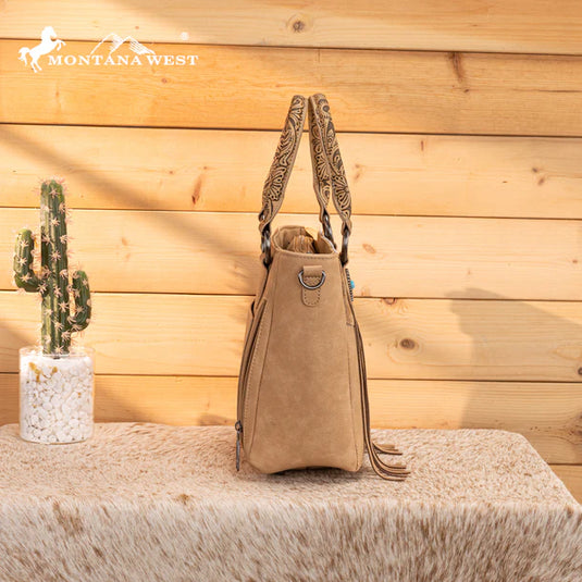 MW1358G-8120BG - Montana West Hair-On Hide Concealed Carry Tote Bag with Tooled Strap