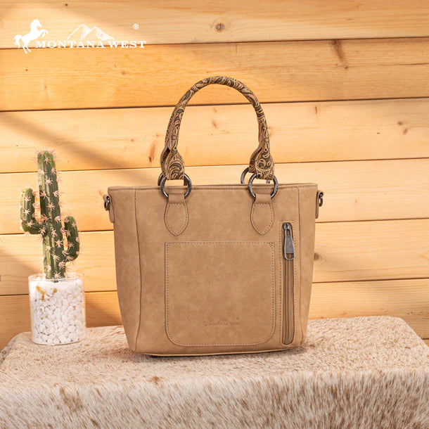 Load image into Gallery viewer, MW1358G-8120BG - Montana West Hair-On Hide Concealed Carry Tote Bag with Tooled Strap

