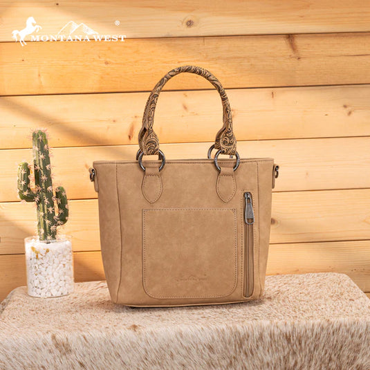 MW1358G-8120BG - Montana West Hair-On Hide Concealed Carry Tote Bag with Tooled Strap