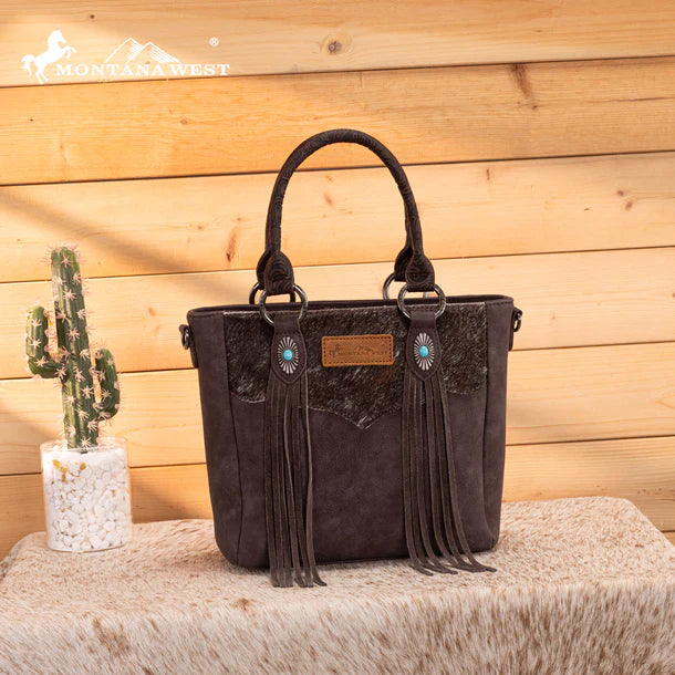 Load image into Gallery viewer, MW1358G-8120CF - Montana West Hair-On Hide Concealed Carry Tote Bag with Tooled Strap
