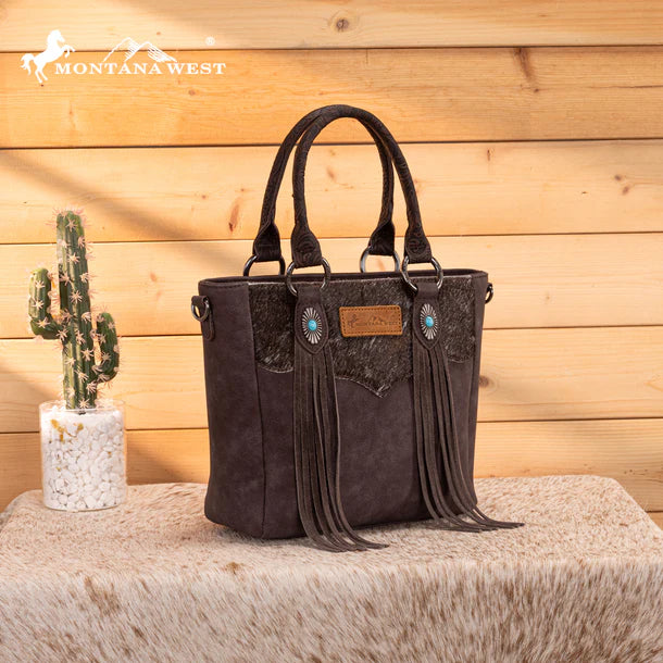 Load image into Gallery viewer, MW1358G-8120CF - Montana West Hair-On Hide Concealed Carry Tote Bag with Tooled Strap
