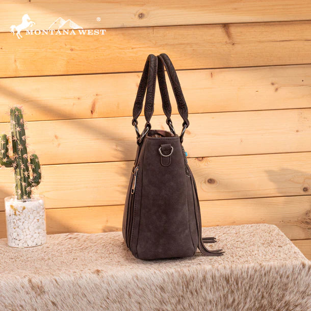Load image into Gallery viewer, MW1358G-8120CF - Montana West Hair-On Hide Concealed Carry Tote Bag with Tooled Strap
