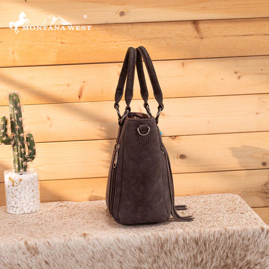 MW1358G-8120CF - Montana West Hair-On Hide Concealed Carry Tote Bag with Tooled Strap