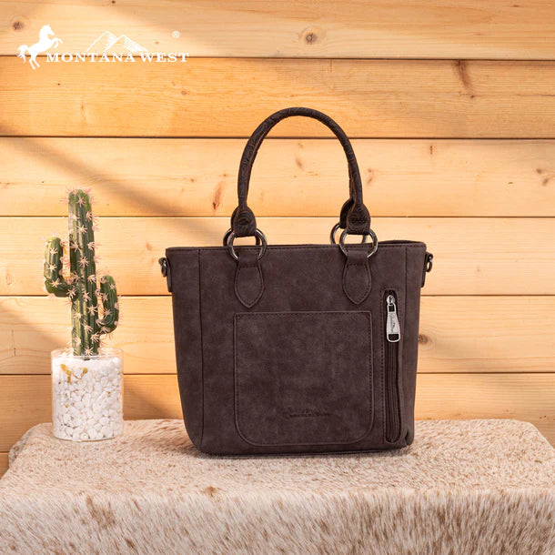 Load image into Gallery viewer, MW1358G-8120CF - Montana West Hair-On Hide Concealed Carry Tote Bag with Tooled Strap
