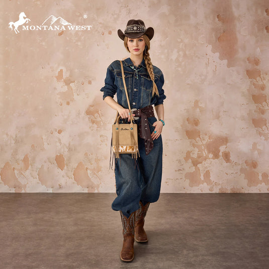 MW1368-8360TN - Montana West Hair-On Cowhide Fringe Tote/Crossbody - Tan