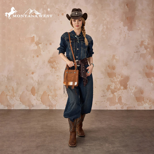 MW1368-8360BR - Montana West Hair-On Cowhide Fringe Tote/Crossbody - Brown