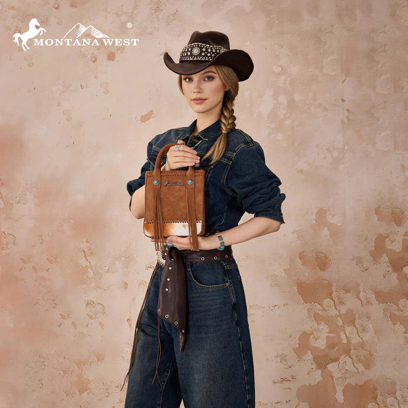 Load image into Gallery viewer, MW1368-8360BR - Montana West Hair-On Cowhide Fringe Tote/Crossbody - Brown
