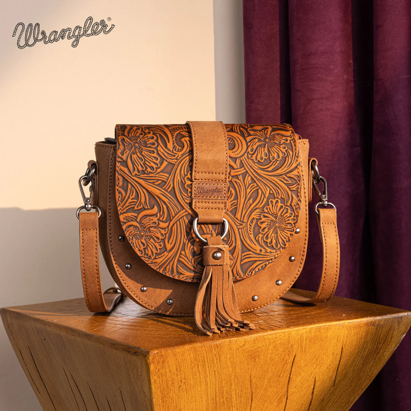 Load image into Gallery viewer, WG160-60113BR - Wrangler Western Tooled Saddle Bag Crossbody - Brown
