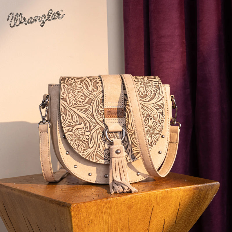 Load image into Gallery viewer, WG160-60113KH - Wrangler Western Tooled Saddle Bag Crossbody - Khaki
