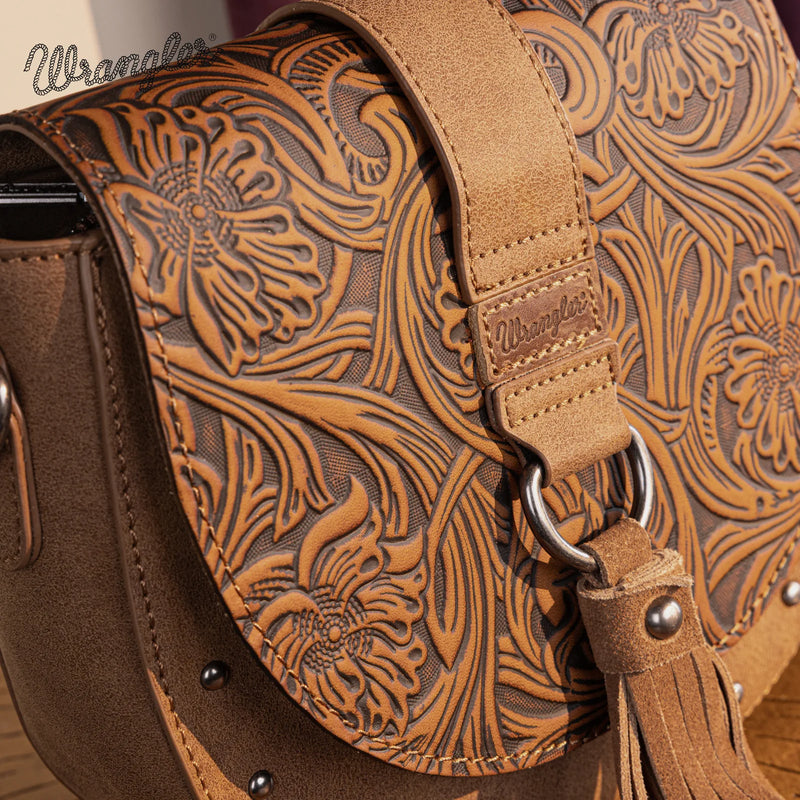 Load image into Gallery viewer, WG160-60113BR - Wrangler Western Tooled Saddle Bag Crossbody - Brown
