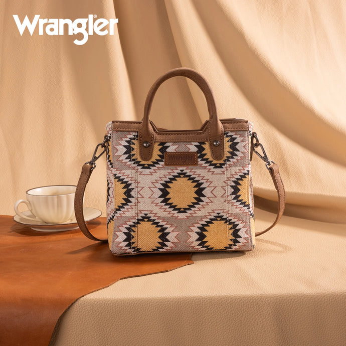 WG221-2022BG - Wrangler Aztec Distressed Print Dual Sided Print Mini Tote/Crossbody -Beige