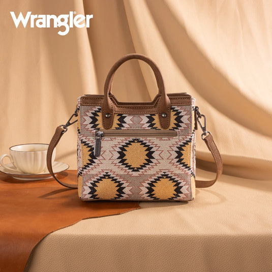 WG221-2022BG - Wrangler Aztec Distressed Print Dual Sided Print Mini Tote/Crossbody -Beige