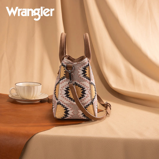 WG221-2022BG - Wrangler Aztec Distressed Print Dual Sided Print Mini Tote/Crossbody -Beige
