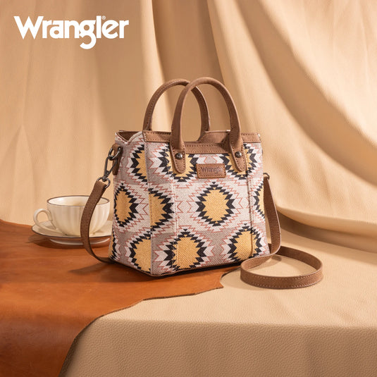 WG221-2022BG - Wrangler Aztec Distressed Print Dual Sided Print Mini Tote/Crossbody -Beige