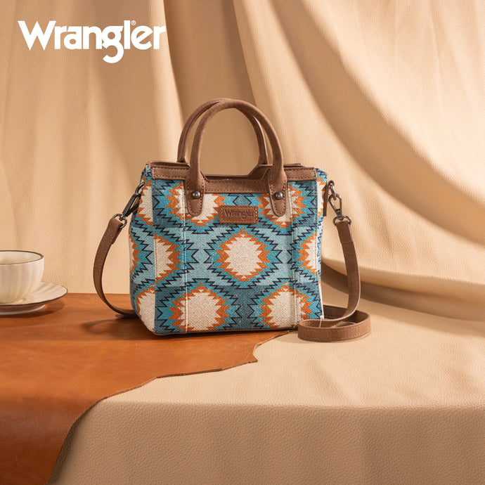 WG221-2022TQ - Wrangler Aztec Distressed Print Dual Sided Print Mini Tote/Crossbody -Turquoise
