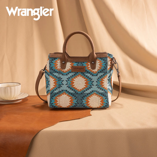 WG221-2022TQ - Wrangler Aztec Distressed Print Dual Sided Print Mini Tote/Crossbody -Turquoise