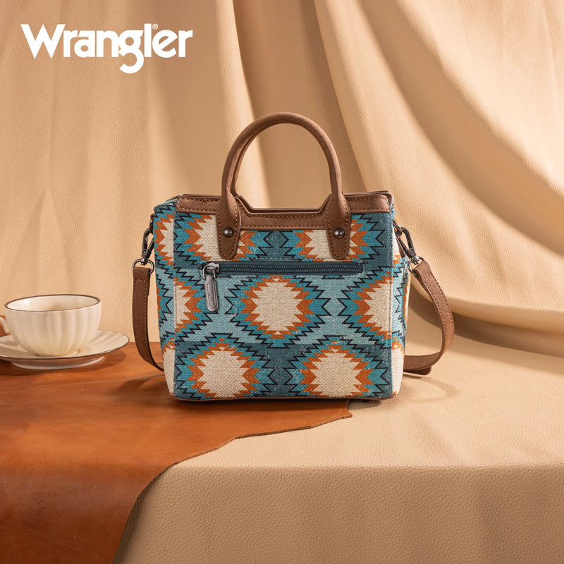 Load image into Gallery viewer, WG221-2022TQ - Wrangler Aztec Distressed Print Dual Sided Print Mini Tote/Crossbody -Turquoise
