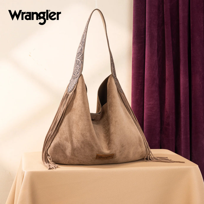 WG239-9182KH - Wrangler Fringe Floral Tooled Hobo Bag - Khaki