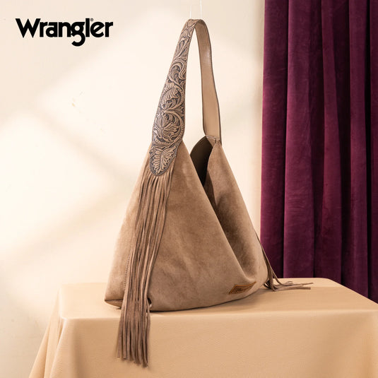 WG239-9182KH - Wrangler Fringe Floral Tooled Hobo Bag - Khaki