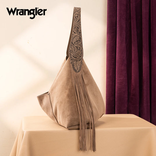 WG239-9182KH - Wrangler Fringe Floral Tooled Hobo Bag - Khaki