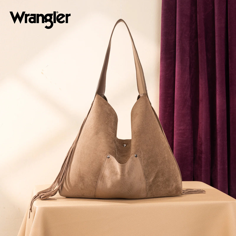 Load image into Gallery viewer, WG239-9182KH - Wrangler Fringe Floral Tooled Hobo Bag - Khaki
