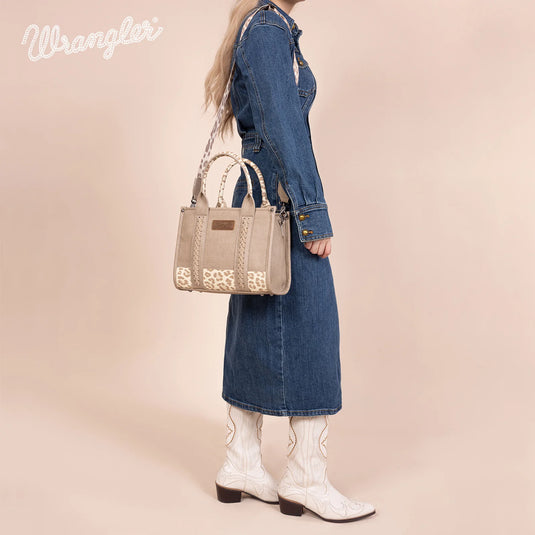 WG102-8120STN - Wrangler Leopard Print Concealed Carry Tote/Crossbody - Tan