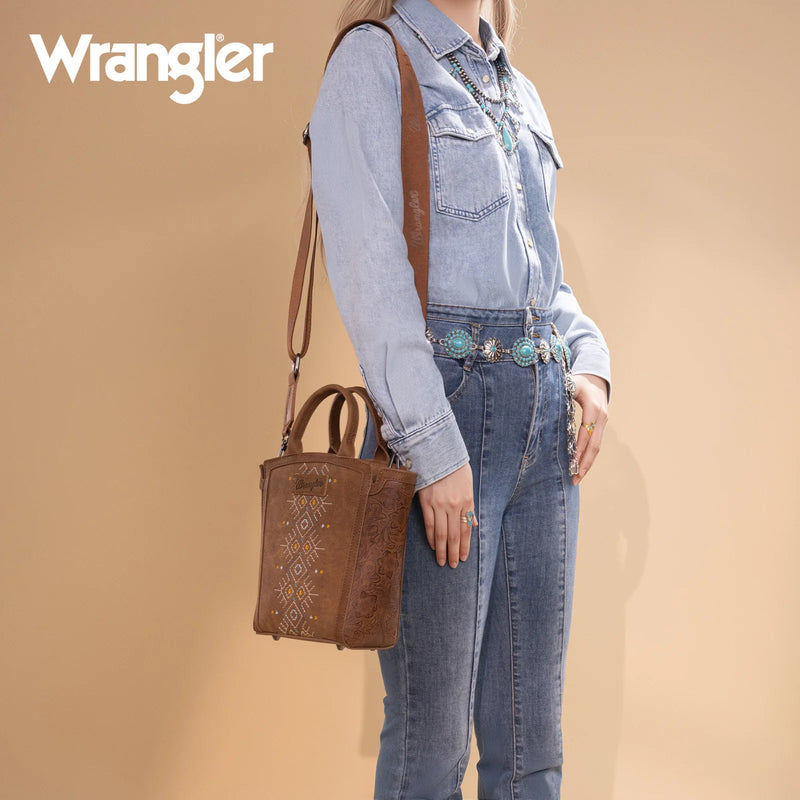 Load image into Gallery viewer, WG211-8014BR - Wrangler Aztec Embroidered Floral Embossed Tote/Crossbody
