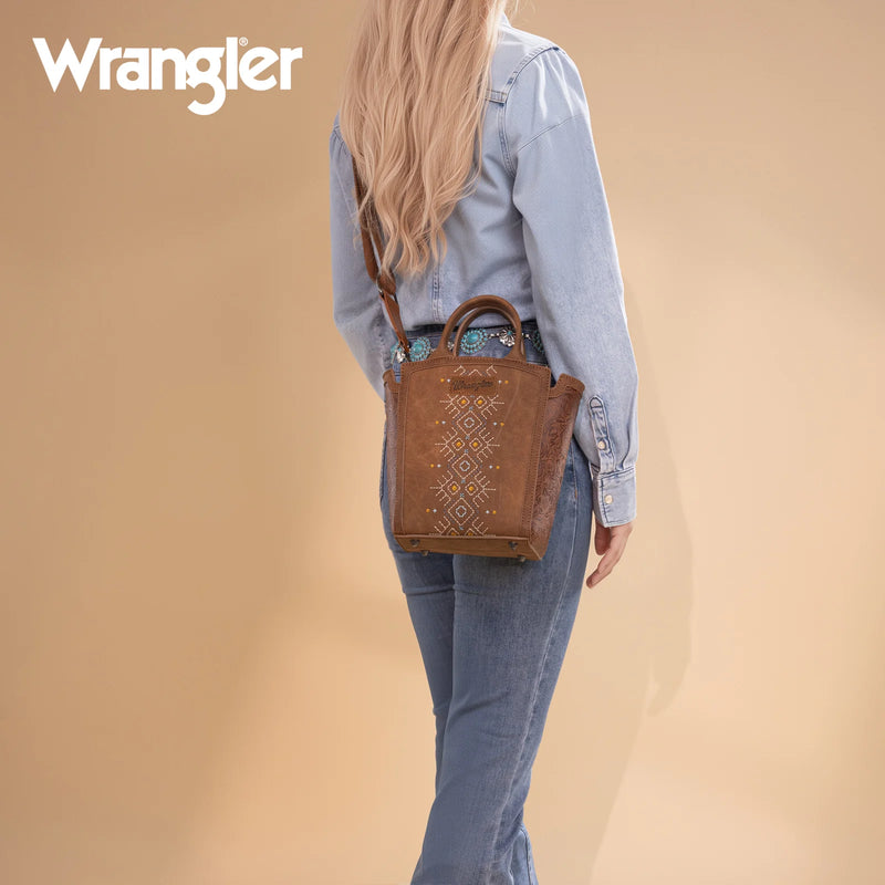 Load image into Gallery viewer, WG211-8014BR - Wrangler Aztec Embroidered Floral Embossed Tote/Crossbody
