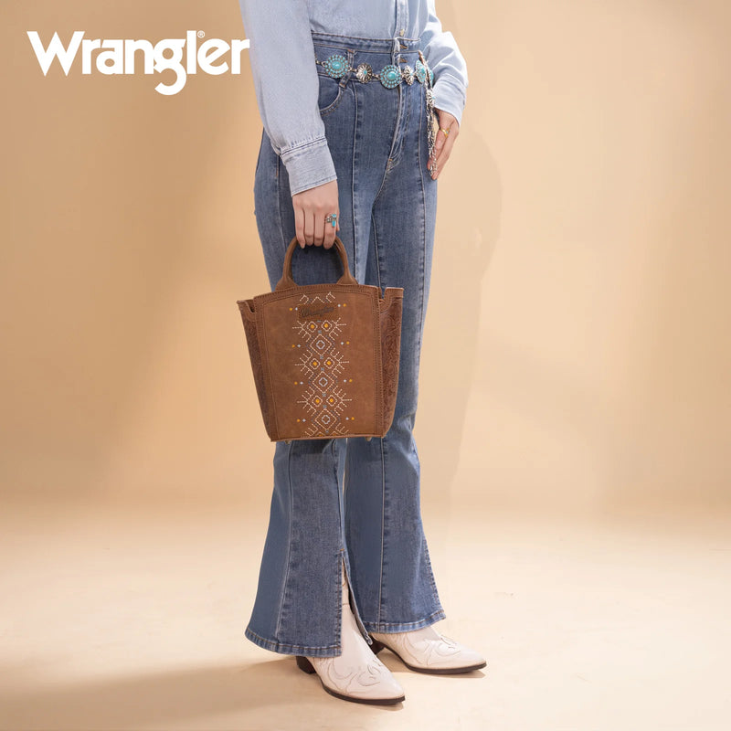 Load image into Gallery viewer, WG211-8014BR - Wrangler Aztec Embroidered Floral Embossed Tote/Crossbody
