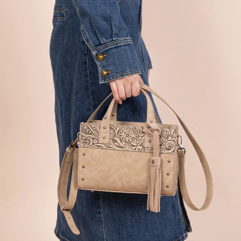 Load image into Gallery viewer, WG160-60102KH - Wrangler Western Tooled Tote Crossbody - Khaki
