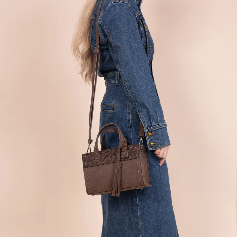 Load image into Gallery viewer, WG160-60102CF - Wrangler Western Tooled Tote Crossbody - Coffee
