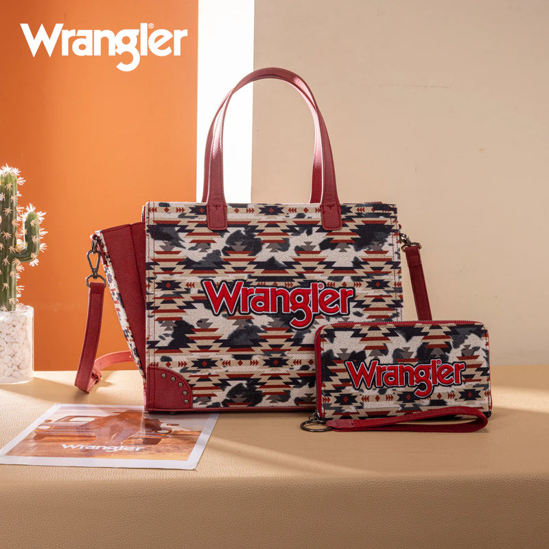 Load image into Gallery viewer, WG302-8130WRD - Wrangler Aztec Print Tote/Crossbody Wallet Set - Red
