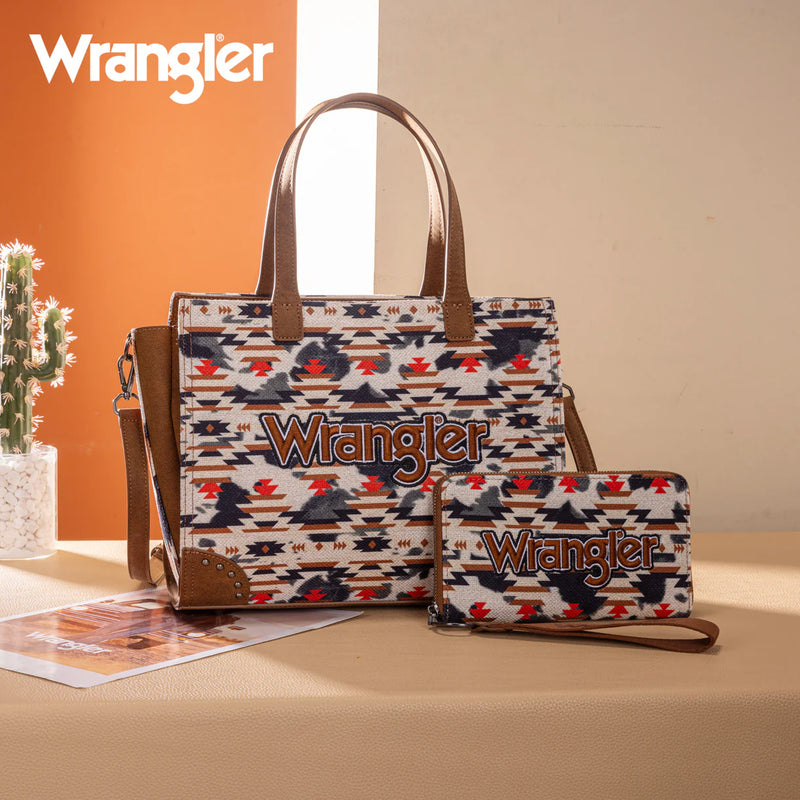 Load image into Gallery viewer, WG302-8130WBR - Wrangler Aztec Print Tote/Crossbody Wallet Set - Brown
