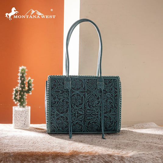 MW1355G-8317TQ - Montana West Tooled Concealed Carry Tote - Turquoise