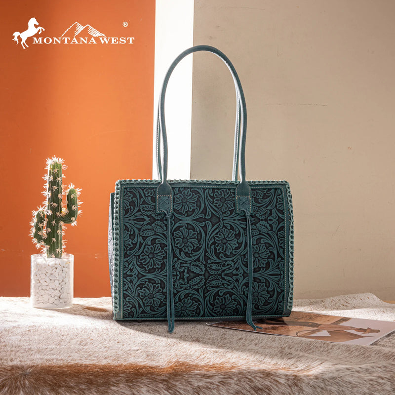 Load image into Gallery viewer, MW1355G-8317TQ - Montana West Tooled Concealed Carry Tote - Turquoise
