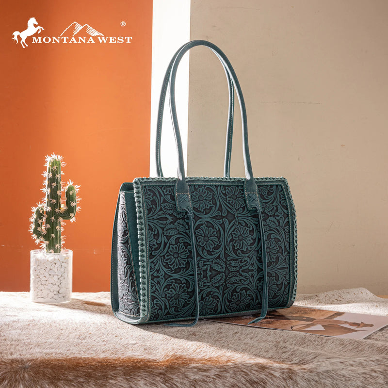 Load image into Gallery viewer, MW1355G-8317TQ - Montana West Tooled Concealed Carry Tote - Turquoise
