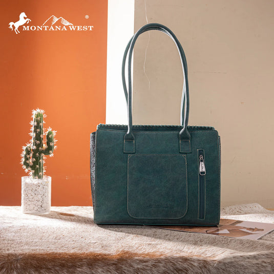 MW1355G-8317TQ - Montana West Tooled Concealed Carry Tote - Turquoise