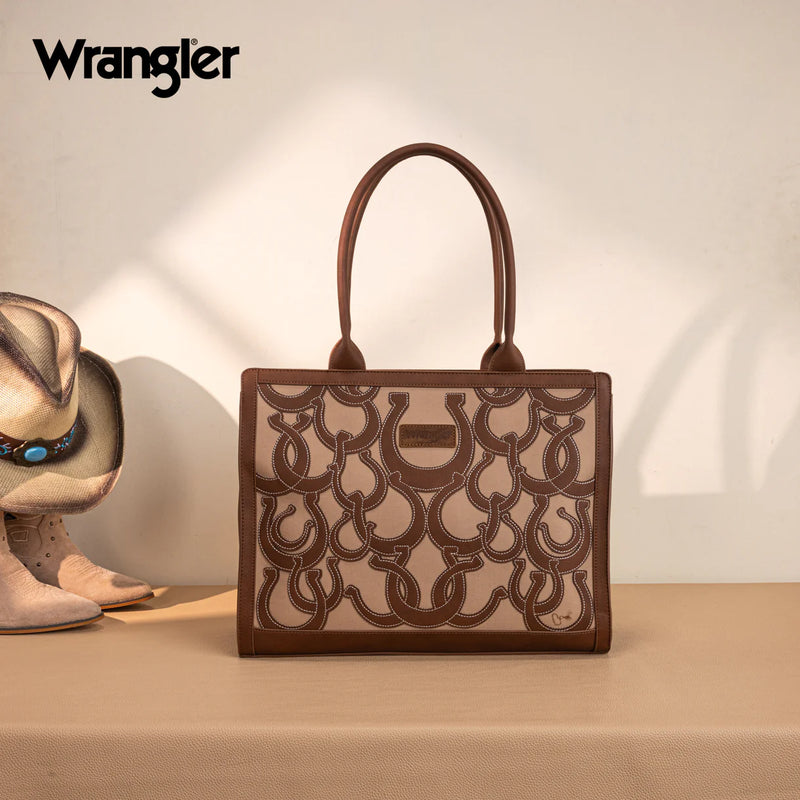 Load image into Gallery viewer, WG292-8110BR - Wrangler Horseshoe Cutout Carry-All Large Tote Bag - Brown
