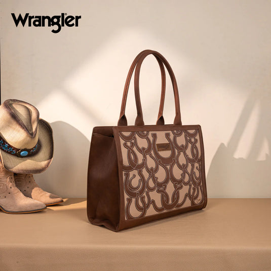 WG292-8110BR - Wrangler Horseshoe Cutout Carry-All Large Tote Bag - Brown