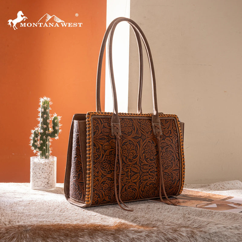 Load image into Gallery viewer, MW1355G-8317BR - Montana West Tooled Concealed Carry Tote - Brown
