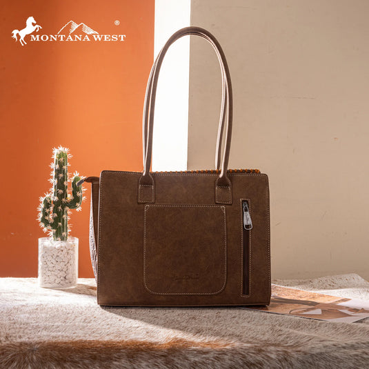 MW1355G-8317BR - Montana West Tooled Concealed Carry Tote - Brown
