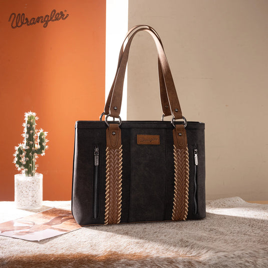 WG217-2002BK - Wrangler Braided Whipstitch Zippered Tote - Black